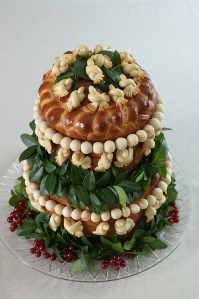 Two-tier korovai with doves and beaded eternity band